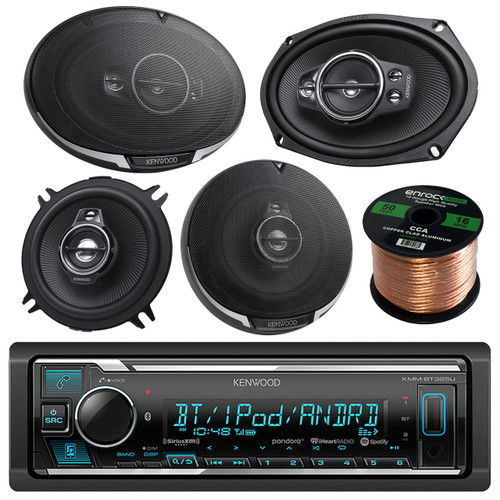 Kenwood USB Bluetooth Car, Kenwood 5.25" and 6x9" Car Speakers,50FT Speaker Wire (R-KMBT325-K6995-K1395PS)