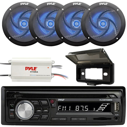 Pyle PLCDBT95 Single DIN Marine Bluetooth USB/AUX MP3/CD Player AM/FM Radio In Dash Stereo Receiver W/Black Cover, 4x 5.25" 180W Max 2-Way Waterproof Blue LED Boat Black Speakers, 4-Channel Amplifier