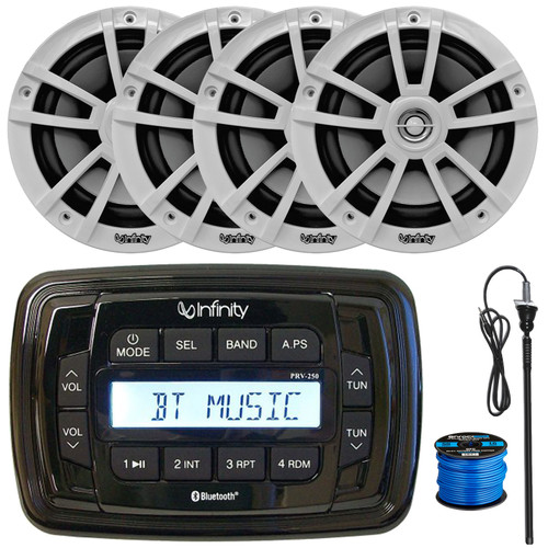 Infinity PRV250 Marine Bluetooth USB/AUX AM/FM Radio Digital Media Stereo Receiver, 4x Infinity 6.5" 225 Watts Max Power High-Performance White Speakers, Radio Antenna, 50 Feet Speakers Wire