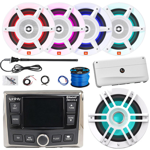 Infinity PRV-315.2 Marine Bluetooth USB/AUX WB AM/FM Radio Gauge Hole Mount Receiver, 4x 8" 500W Max Power White RGB LED Speakers, 10" RGB LED Subwoofer, Amplifier W/Kit, Radio Antenna, Speaker Wire
