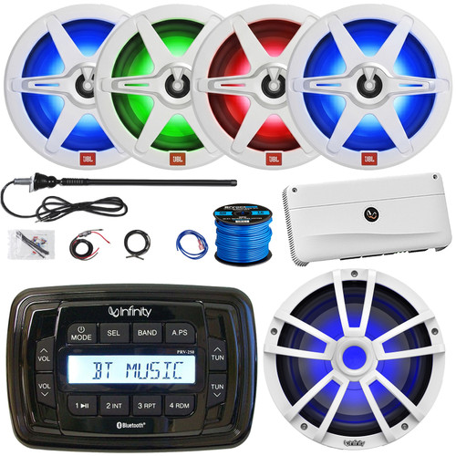 Infinity PRV250 Marine Bluetooth USB/AUX AM/FM Radio Digital Media Black Stereo Receiver, 4x 8" 450W Max RGB LED Speakers, 10" 750W Max RGB LED Subwoofer, 5-Channel Amplifier W/Kit, Antenna, Wire