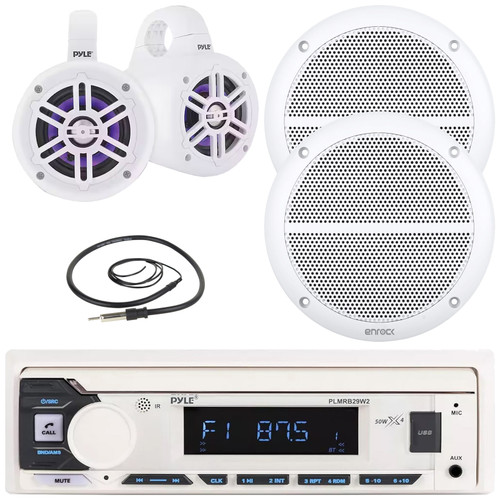 Pyle PLMRB29W2 Single DIN Marine Bluetooth USB/AUX MP3 Player AM/FM Radio Stereo Receiver, 2x 6.5" 90W Max 2-Way White Speakers, 2x 4" 300W Max RGB LED Tower White Boat Speakers, Radio Antenna