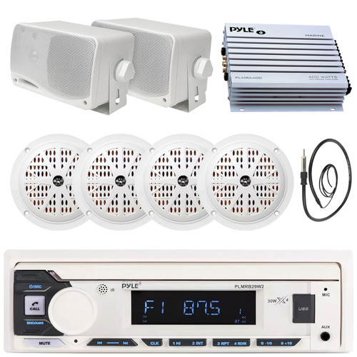 Pyle PLMRB29W2 Single DIN Marine Bluetooth USB/AUX MP3 Player AM/FM Radio Stereo Receiver, 4x 4" 100W Max Dual Cone White Speakers, 2x 3.5'' 200W Max 3-Way Mini Box Speakers, 4 Channel Amplifier