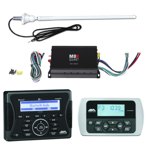 Jensen Marine Audio Bluetooth AUX USB SiriusXM-Ready Receiver, Wired Remote, MB Quart NA1-3204 320W 4-Channel Class D Amplifier, Enrock 20W 22" Rubber Mast Marine AM/FM Radio Antenna - White
