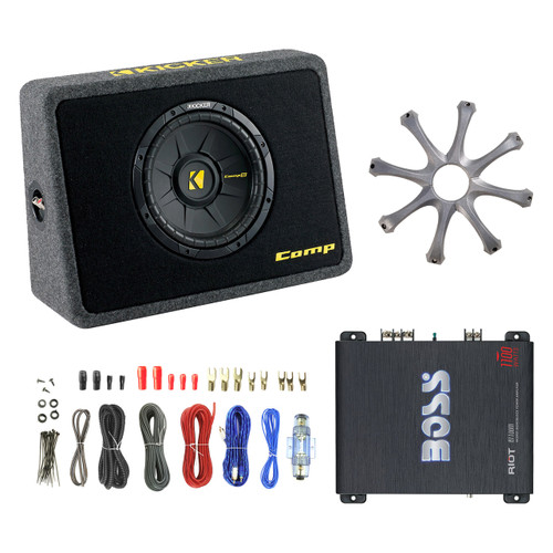 Kicker 10" 600W 2Ohm Loaded Subwoofer Enclosure,Wiring, Grills, 1100W Amplifier  (R-40TCWS102-EAKIT8G-R1100M-GR100)