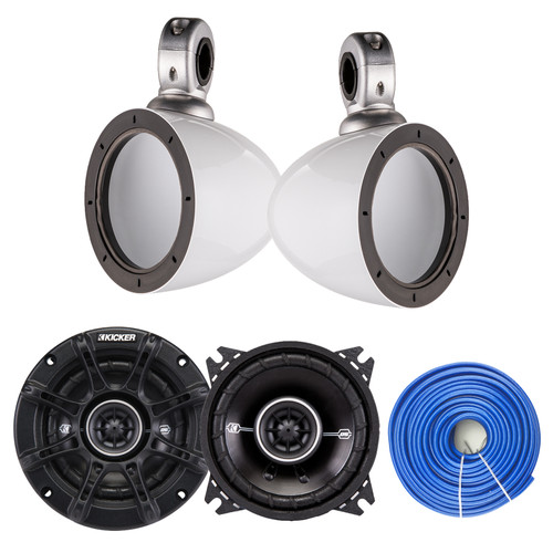One Pair (QTY 2) Of Kicker 41DSC44 4" 120 Watt Max Power 2-Way Coaxial Car Audio Stereo Black Speakers w/4" White Tower Enclosure, 50 Feet 14 Gauge Speaker Wire
