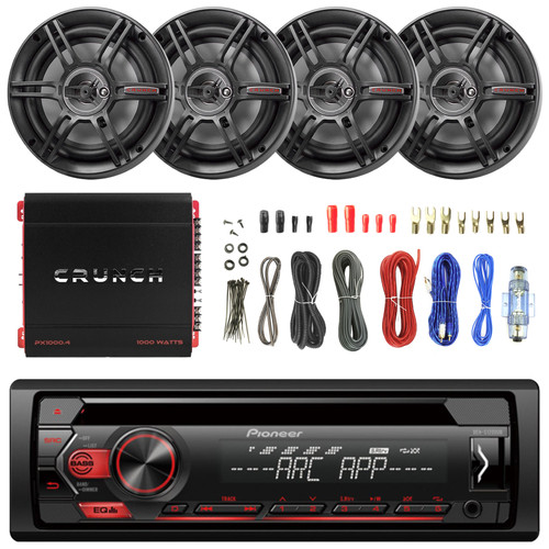 Pioneer DEHS1200UB CD MP3 Stereo Receiver, 2x Crunch CS653 6.5" Full-Range Car Speakers, Crunch PX1000.4 Class AB 4 Channel 1000W Power Amplifier, Enrock 18G 50 Feet Speaker Wire