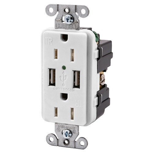 Hubbell USB15X2W 15AMP Outlet Dual USB Charging Ports White (R-HUBUSB15X2W)