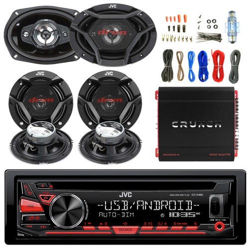 JVC KD-R480 CD USB Radio, JVC 6.5"and 6x9"Speakers, 50FT Speaker Wire, 1000W Amp (R-KDR480-2DR620-DR6930-EAKIT8G)