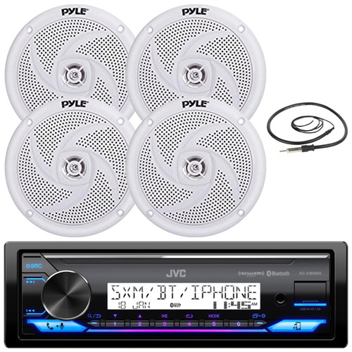 JVC KD-X38MBS Single DIN Marine MotorSports Bluetooth USB/AUX LED Illumination AM/FM Radio Stereo SiriusXM Ready Receiver, 4x 5.25" 180W Max 2-Way Low Profile Slim Style White Speakers, Radio Antenna