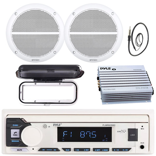 Pyle PLMRB29W2 Single DIN Marine Bluetooth USB/AUX MP3 Player AM/FM Radio Stereo Receiver w/White Cover, 2x 6.5" 90W Max Power 2-Way Full Range White Boat Speakers, 4 Channel Amplifier, Radio Antenna