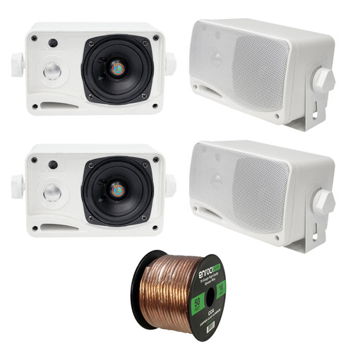 4 x Pyle 3.5'' 200 Watt 3-WayMarineSpeakers (White),  16-G 50 Ft Speaker Wire (R-PLMR24-EB16G50FT-CCA)
