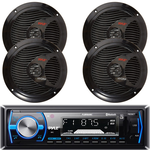 Pyle PLMRB29B Single DIN Marine Bluetooth USB/AUX MP3 Player AM/FM Radio In-Dash Black Stereo Receiver w/ Remote Control, 4x 6.5" 150W Peak Full Range Dual Cone Waterproof Black Boat Stereo Speakers