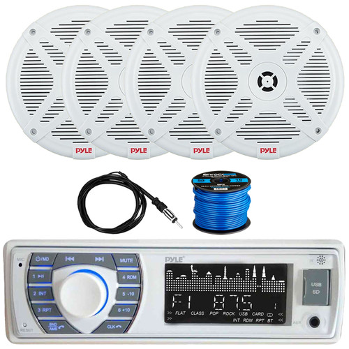 Pyle PLRMR23BTW Single DIN Marine Bluetooth USB/AUX MP3 Player AM/FM Radio In-Dash Stereo Receiver, 4x 6.5" 600 Watt Max Power 2-Way Low Profile Boat White Stereo Speakers, Radio Antenna, Speaker Wire