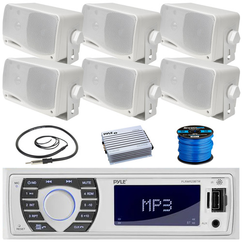 Pyle PLRMR23BTW Single DIN Marine Bluetooth USB/AUX MP3 Player AM/FM Radio In-Dash Stereo Receiver, 6x 3.5'' 200W Max 3-Way White Mini Box Speakers, 4 Channel Amplifier, Radio Antenna, Speaker Wire