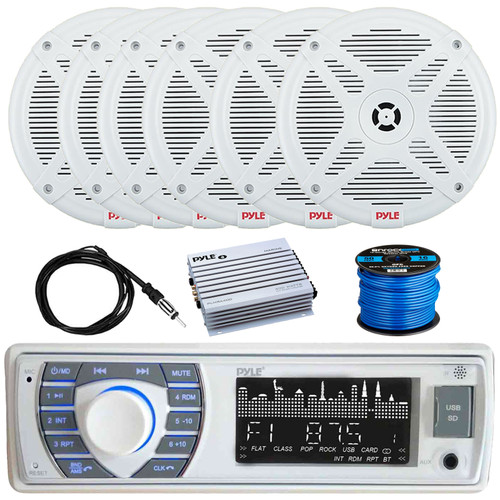 Pyle PLRMR23BTW Single DIN Marine Bluetooth USB/AUX MP3 Player AM/FM Radio In-Dash Stereo Receiver, 6x 6.5" 600W Max 2-Way Low Profile Boat White Stereo Speakers, 4 Channel Amplifier, Antenna, Wire