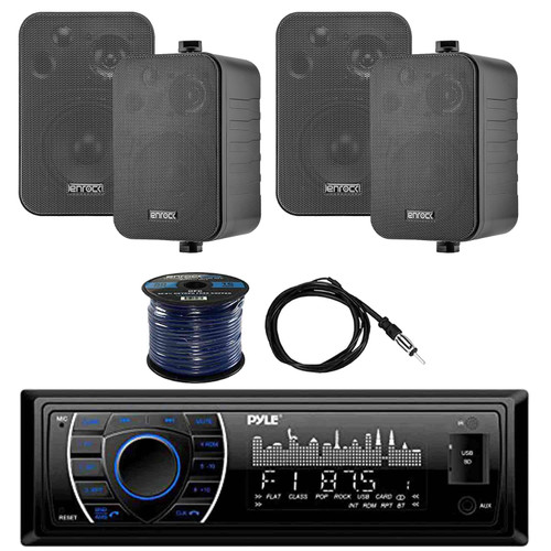 PYLE PLRMR27BTB Single DIN Marine Bluetooth Receiver Stereo w/ 4x Enrock 4" 30W 3-Way In/Out Door Speakers, Enrock Marine Antenna & Enrock Marine 50' 16G Speaker Wire