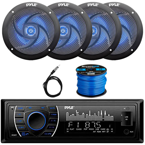 Pyle PLRMR27BTB Single DIN Marine Bluetooth USB/AUX MP3 Player AM/FM Radio Stereo Receiver, 4x 5.25" 180W Max 2-Way Low Profile Slim Style Blue LED Black Boat Speakers, Radio Antenna, Speaker Wire