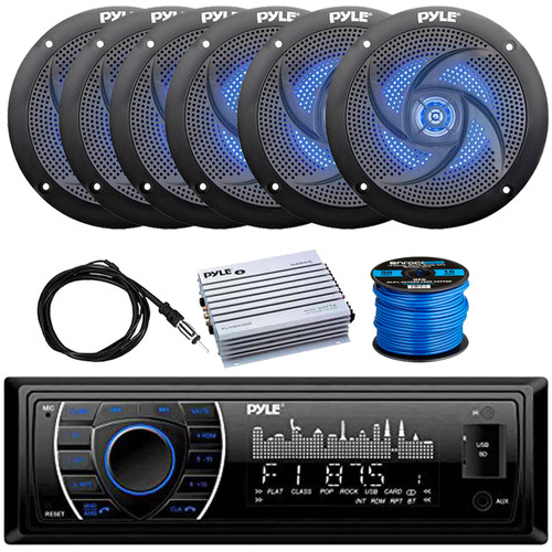 Pyle PLRMR27BTB Single DIN Marine Bluetooth USB/AUX MP3 Player AM/FM Radio Stereo Receiver, 6x 5.25" 180W Max 2-Way Blue LED Black Boat Speakers, 4 Channel Amplifier, Radio Antenna, Speaker Wire