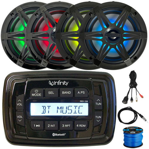 Infinity PRV250 Marine Bluetooth USB/AUX AM/FM Radio Digital Media Black Stereo Receiver, 4x 6.5" 120W Max 4-Ohm RGB LED Coaxial Boat Speakers w/Grilles, USB/AUX Adapter, Radio Antenna, Speaker Wire