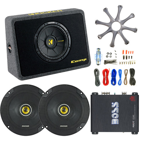 Kicker 10" Car Sub + Box, Enrock 18-G 50 Ft Wire, 6.5" Speakers, Boss Amp, Grill (R-RB-40TCWS104-EAKIT8G-CS654-R1100M-GR100)