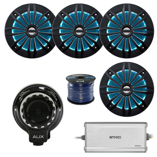 Hifonics Marine Bluetooth Controller, 4x 6.5" Speakers, Amp, 50Ft Wire (R-TPS-BT1-2-EMRGB256B)