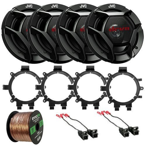 Two Pairs (QTY 4) Of JVC CS-DR621 drvn DR Series 6.5" 300 Watt Max Power 2-Way Coaxial Speakers, 50 feet 16 Gauge Speaker Wire, 4x Speaker Mounting Bracket Adaptor, 2x Speaker Wire Harness (1995-2009)