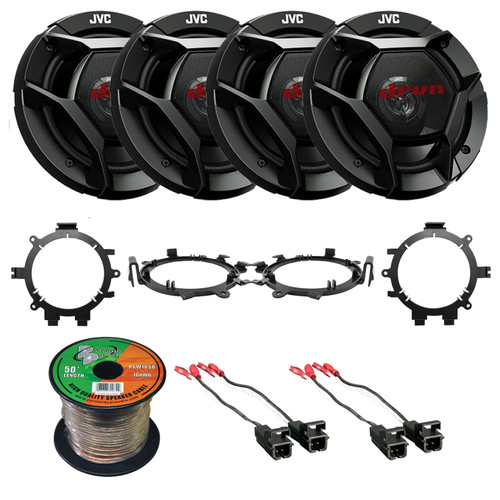 Two Pairs (QTY 4) Of JVC CS-DR621 drvn DR Series 6.5" 300 Watt Max Power 2-Way Coaxial Speakers, Speaker Wire, 4x Speaker Mounting Bracket Adaptor, 2x Speaker Wire Harness (1995-2009 GM Vehicles)