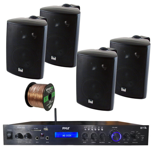 Pyle Home Amplifier Audio Bluetooth MP3/USB/SD/AUX/FM Black Receiver Sound System, with 4x Dual 100 Watt 3 Way Indoor Outdoor Studio Black Speakers, Enrock Audio 16-Gauge 50 Foot Speaker Wire
