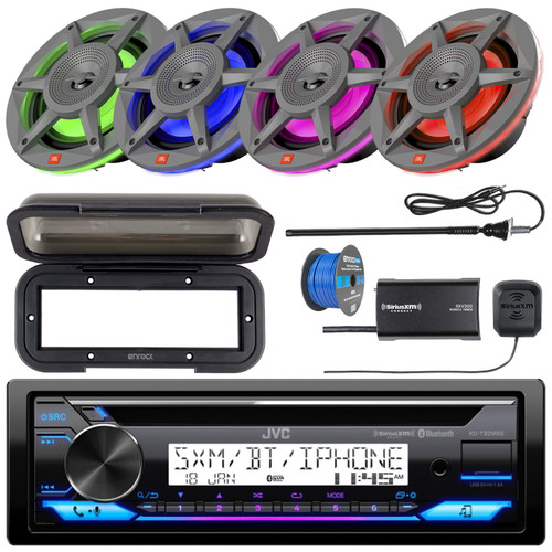 JVC KD-T92MBS Single DIN Marine Bluetooth MotorSports USB/AUX CD Player AM/FM Stereo Receiver w/Black Cover, 4x 6.5" 300W Max 2-Way RGB LED Gray Speakers, Satellite Vehicle Tuner Kit, Antenna, Wire