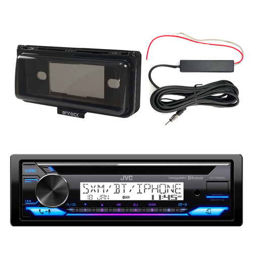 JVC KD-T92MBS Single DIN Marine Bluetooth USB AUX AM/FM Stereo CD Player Receiver, Marine Dash Kit Protector Radio Cover, Amplifier Booster Kit