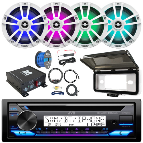 JVC KD-T92MBS Single DIN Marine Bluetooth USB/AUX CD Player AM/FM Stereo Receiver w/White Cover, 4x 6.5" 225W Max RGB LED White Boat Speakers, 4-Channel Amplifier w/Kit + Booster Kit, Speaker Wire