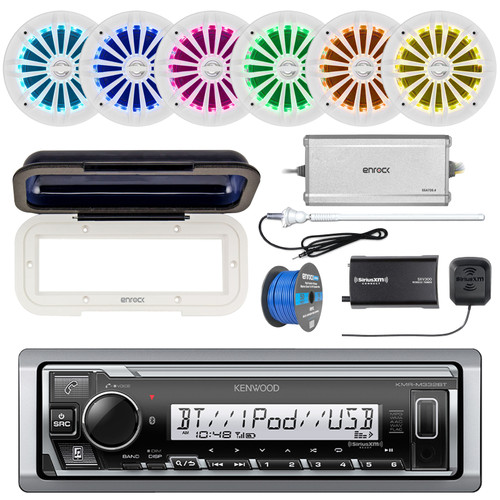 Kenwood KMR-M332BT Single DIN Marine USB Bluetooth Stereo Receiver, 6x Enrock 6.5" 2 Way 200 Watt LED Speakers (White), 1x Enrock 4-Channel Amplifier, SiriusXM Tuner, Radio Antenna, Speaker Wire