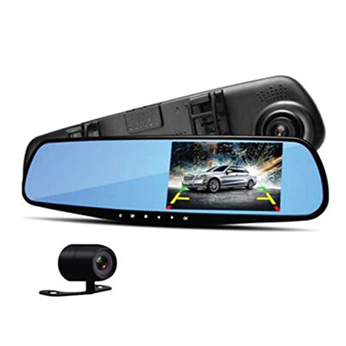 Pyle Upgraded 4.3” DVR Rearview Mirror Dash Cam Kit - Vehicle Dual Camera Video Recording System in Full HD 1080p and 32GB Memory w/ Motion Detect Parking Control Loop Record Support PLCMDVR49
