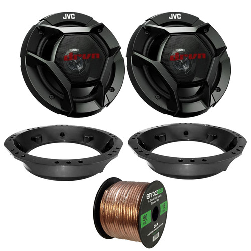 2x JVC CS-DR621 drvn DR Series 6.5" 300W Max 2-Way Coaxial Car Audio Speakers, 50 Feet 16G Speaker Wire, Mounting Ring Adapter for 6.5" to 6.75" Speakers Fits 1998-2013 Harley Davidson Touring Models