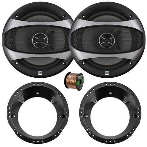 2x Dual Electronics D65SP 6.5" 100 Watt Max Power 2-Way Speakers, 2x Mounting Ring Adapter for 6.5" to 6.75" Speakers, 50 Feet 16 Gauge Speaker Wire (Bundle Fits 98-13 Harley Davidson Touring Models)