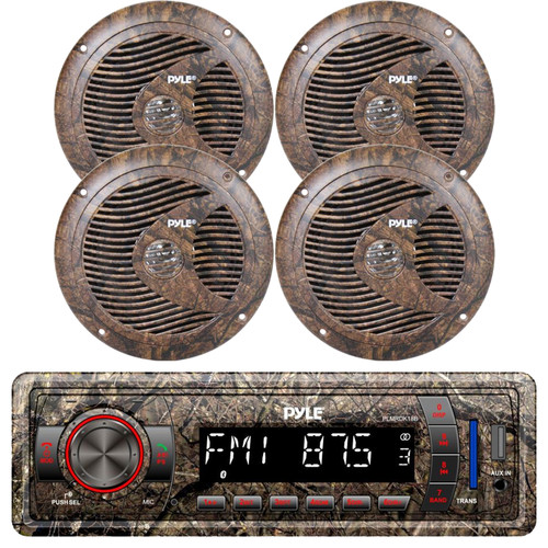 Camo Marine Stereo Receiver & Speaker Kit, Bluetooth Wireless Streaming, 6.5’’ Waterproof Speakers, Hunting Camouflage Style, MP3/USB/SD/AUX/FM Radio, Single DIN