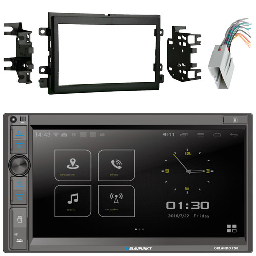 Blaupunkt Orlando 750 6.9" Touchscreen Double DIN Bluetooth USB AM/FM Radio Car Audio Receiver, Double DIN Installation Dash Kit, Wiring Harness (Bundle Fits Select 2004-up Ford Vehicles)