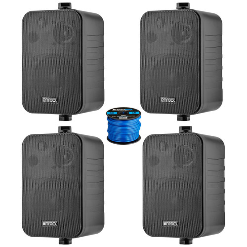 Two Pairs (QTY 4) Of Enrock EKMR408B 4" 30 Watt Max Power 3-Way Indoor/Outdoor Black Speakers Bundle Combo With 50 Feet 16 Gauge Marine Grade (OFC) Speaker Wire