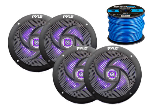 4x Pyle Marine 6.5" LED Waterproof Black 240 Watt Power and Low Profile Slim Style Speakers, 16-Gauge 50 Foot Tinned Speaker Wire