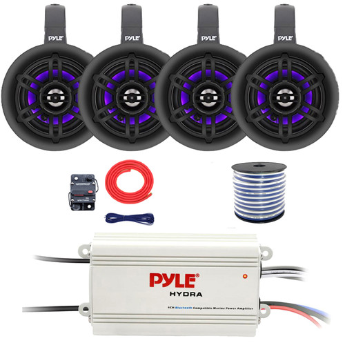 4x Pyle PLMRLEWB47BB 4" 300 Watt Max Power Bluetooth Waterproof Marine Wakeboard LED Tower Black Speakers, 4-Channel Waterproof Amplifier, 8 Gauge Amplifier Wiring Kit, 50 Feet 18 Gauge Speaker Wire