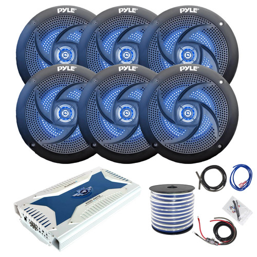 Pyle PLMRA630BT 2000 Watt 6-Channel Marine Bluetooth Amplifier, 6x Pyle PLMRS63BL 6.5" 240 Watt Max Power 2-Way Blue Light LED Black Speakers, Amplifier Wiring Kit, 18-Gauge 50 Ft Speaker Wire