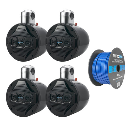4x Lanzar AQWB8B 8" 4 Way 1,200 Watts Marine Wake Board Tower Speakers - Black, Enrock 16 Gauge 50Ft Marine Boat Yacht Speaker Wire