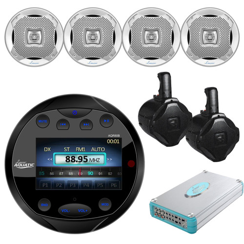 Lanzar AQR80B 4x28 W Round Aquatic Waterproof Marine Stereo Boat In Dash Radio Bluetooth Receiver, 4 x 5.25 Water Resistant Speakers, 2 x 6.5 Wake Board Tower Speakers, 8 Ch Bluetooth Amplifier
