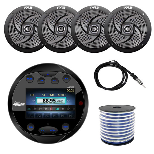 Lanzar AQR80B Round Aquatic Waterproof Marine Stereo In Dash Bluetooth Receiver - Black, 4x Pyle PLMRS6B 6.5" Marine 2 Way 240 Watts Black Speakers, Enrock 18g Speaker Wire, 40" Antenna