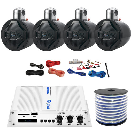 Pyle PFMRA450BW 4-Channel Bridgeable 400 Watts RMS Marine Amplifier, 4x Lanzar AQWB8B 8" 4 Way 1,200 Watts Wake Board Tower Speakers - Black, Pyle 8 Gauge Amp Install Kit, Enrock 18g Speaker Wire