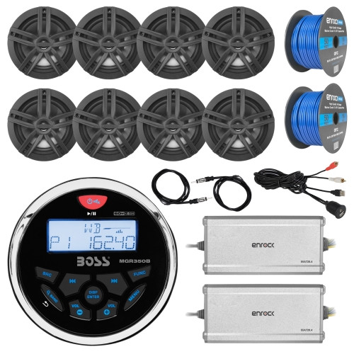 Radio, 8x 6.5" Speakers, 2x 4-Ch Amp, 100Ft Wire, 2x Antenna, USB Mount