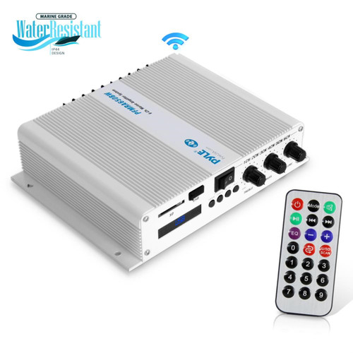 Pyle PFMRA650BW.5 6-Channel Audio Marine Amplifier 600 Watt RMS Built-in Bluetooth Receiver Compact Weather Resistant MP3/USB/SD Reader and Remote