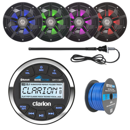 ClarionMarine 16-25' Bay Boat Audio Package: Audio Gauge Style Bluetooth Media Receiver, 4 x 6.5 2-Way 200 Watts Multi Color LED Marine Speakers, Tinned Speaker Wire, AM/FM Rubber Mast Antenna