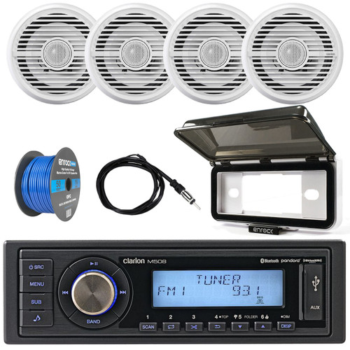 ClarionMarine 16-25' Bay Boat Audio Package: Single-DIN SiriusXM Ready Bluetooth USB AUX Digital Media Receiver, 4 x 6.5 Coaxial 2-Way 100 Watts Speakers, Speaker Wire, Radio Cover, Antenna